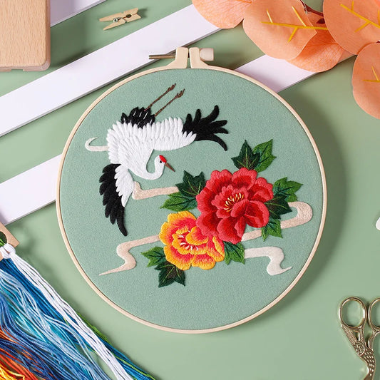 Cranes and Peonies -Themed DIY Embroidery Kits