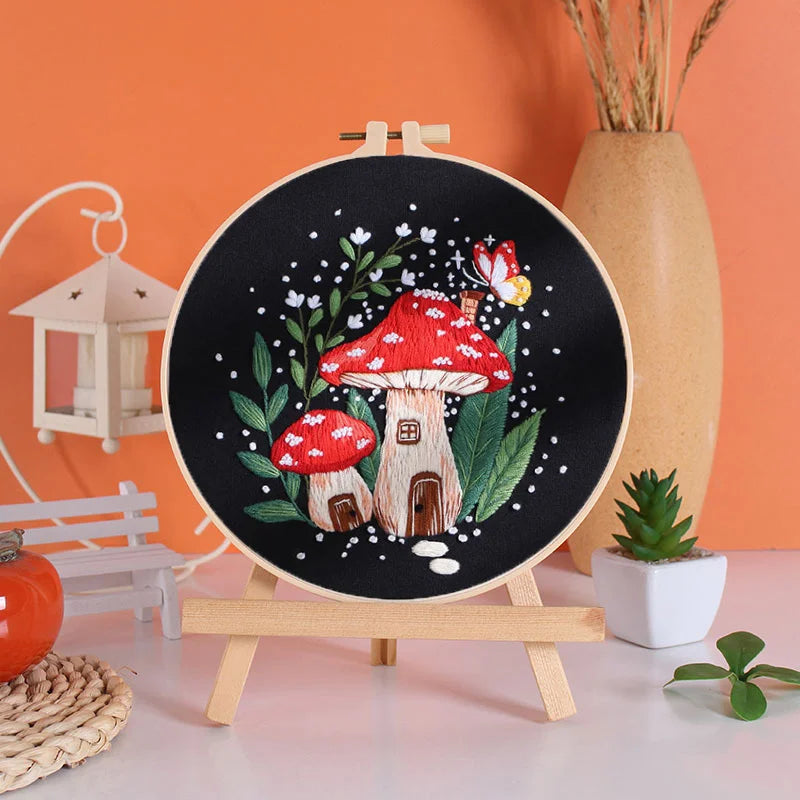 Enchanted Mushroom and Pumpkin House Embroidery Kit