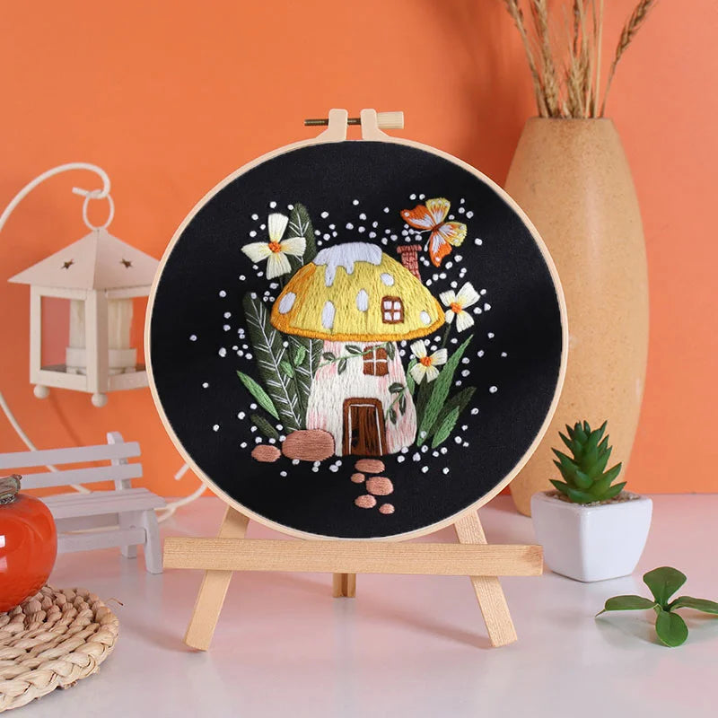 Enchanted Mushroom and Pumpkin House Embroidery Kit
