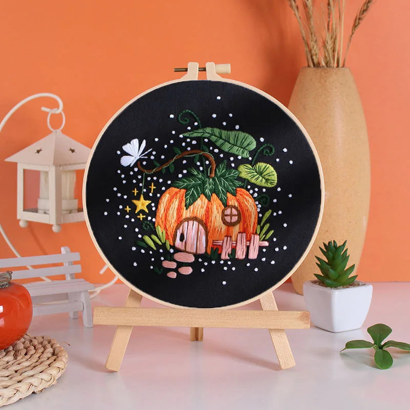 Enchanted Mushroom and Pumpkin House Embroidery Kit