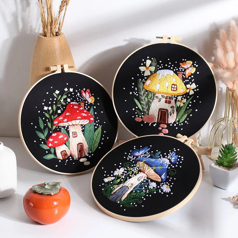Enchanted Mushroom and Pumpkin House Embroidery Kit